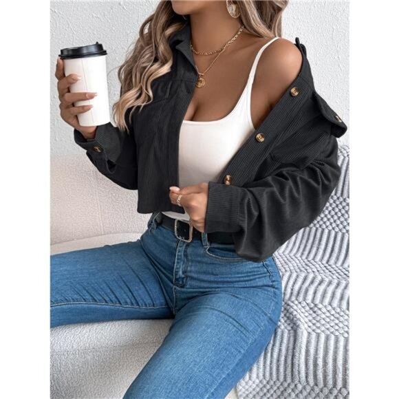 Corduroy Button-Up Dropped Shoulder Jacket - Picture 3 of 16